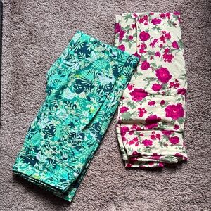 LuLaRoe OS Green Tropical & Cream Pink Floral Leggings (2-Pack)
